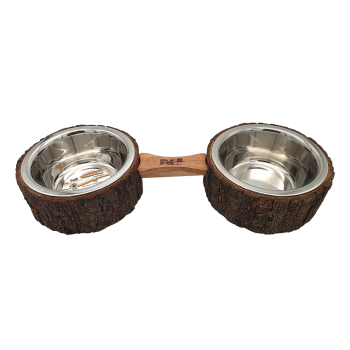 Petex pair of stainless-steel bowls inside a tree trunk