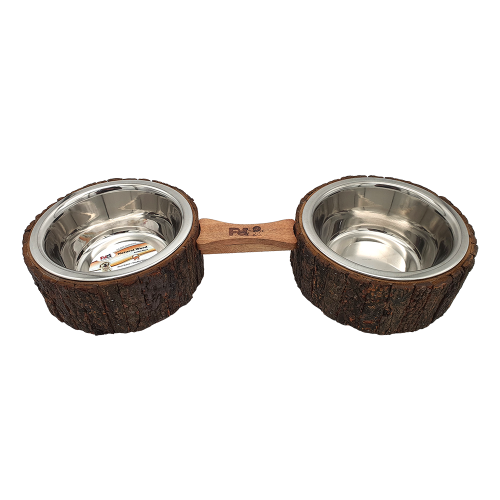 Petex pair of stainless-steel bowls inside a tree trunk