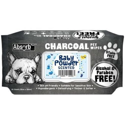 Absorb Plus Charcoal Antibacterial Pet Wipes - Baby powder