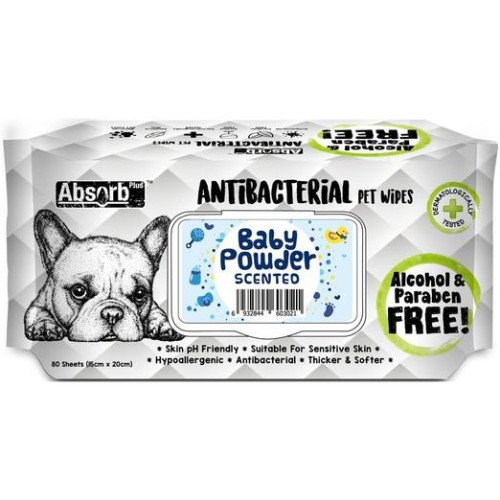 Absorb Plus Antibacterial Pet Wipes - Babypowder