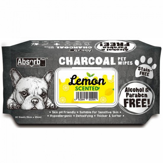 Absorb Plus Charcoal Antibacterial Pet Wipes - Lemon