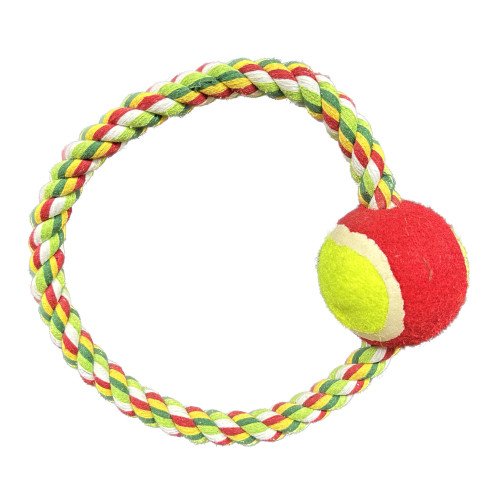 Pet premium tug ring toy with tennis ball