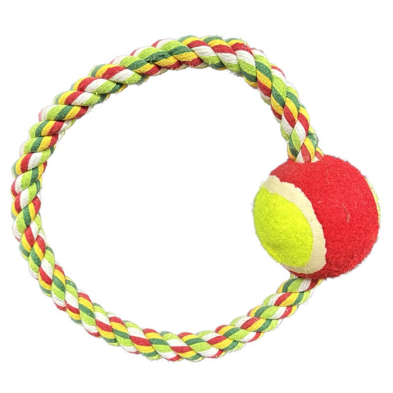 Pet premium tug ring toy with tennis ball